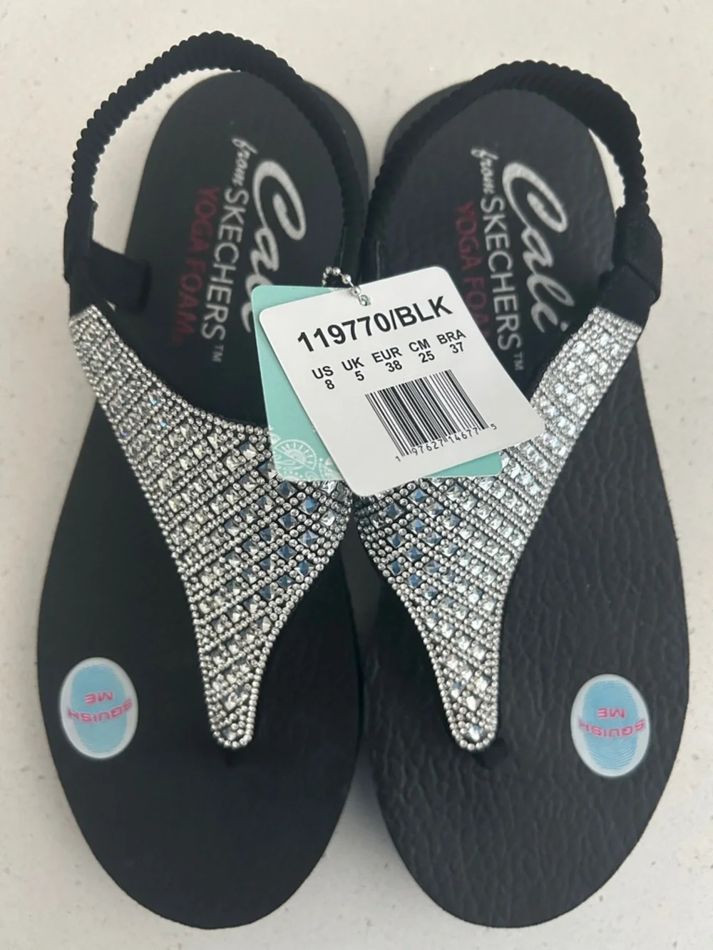 Skechers Cali Rockstar Black Slingback T‑Strap Sandal with Silver Rhinestones - Picture 1 of 7